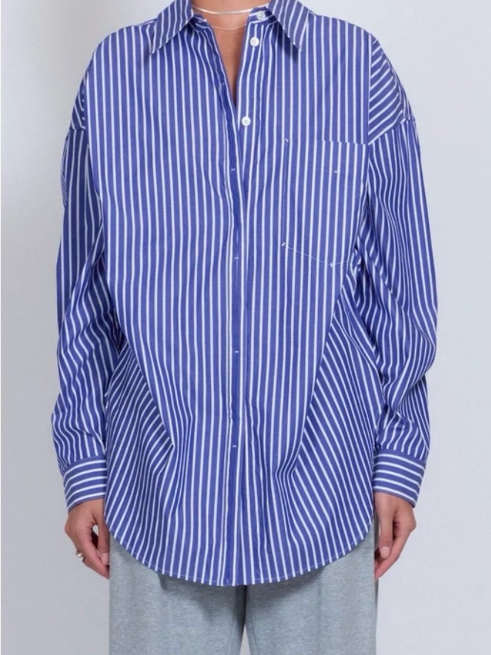 Women's Blue & White Vertical Stripe Button-Up Blouse